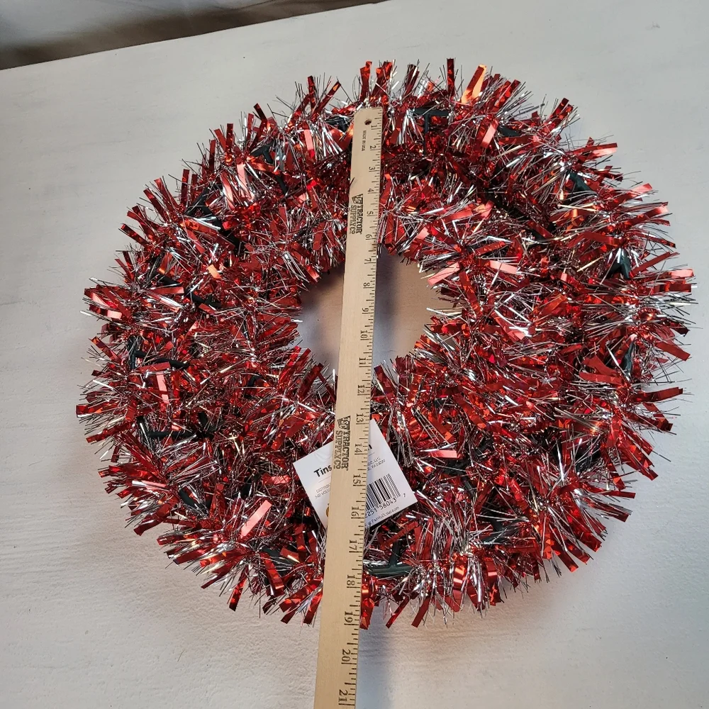 Festive Red and Silver Tinsel Wreath